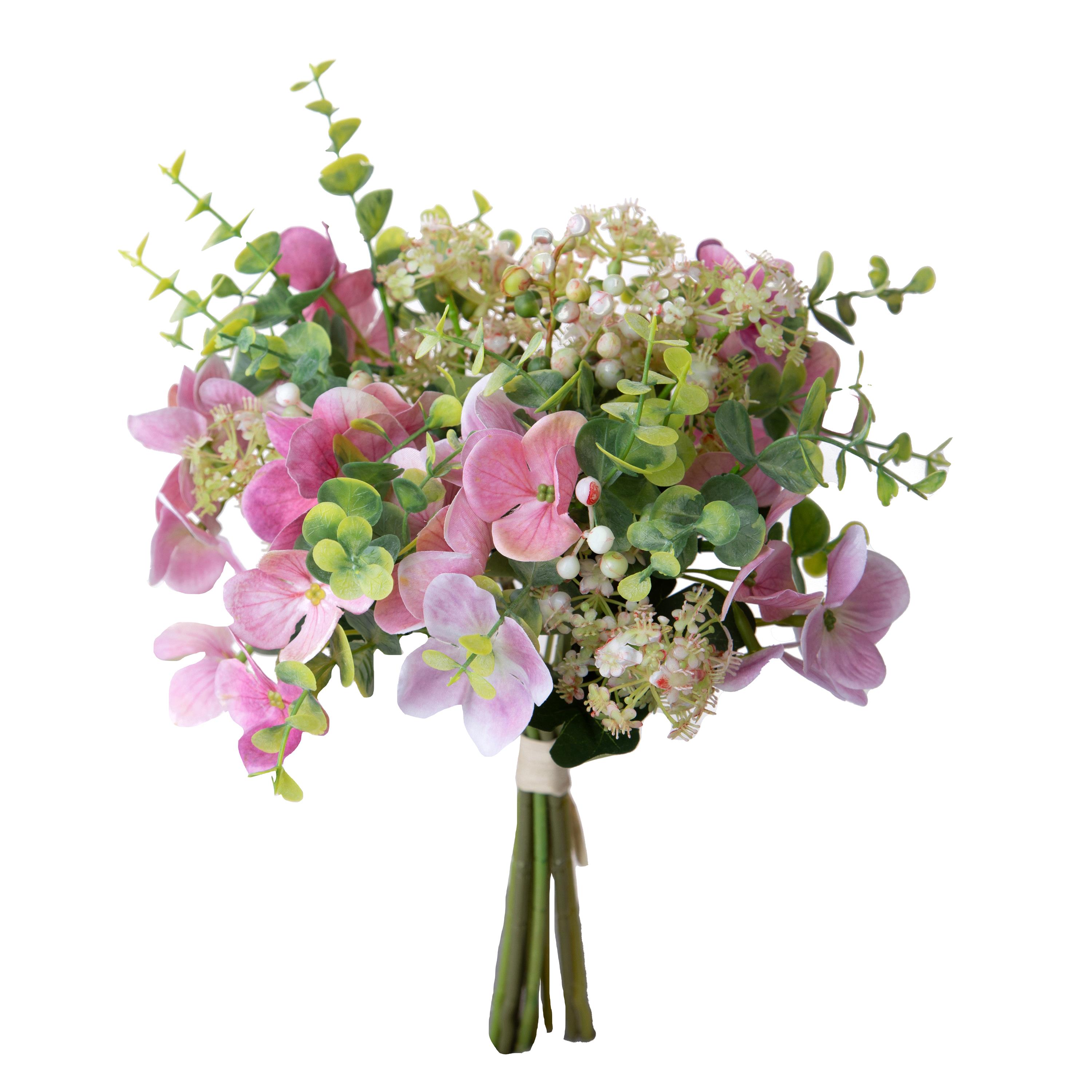 Kunstblumen, Blühende gem. Blumen, BOUQUET EUCALIPTO/ORTENZIE 34 CM