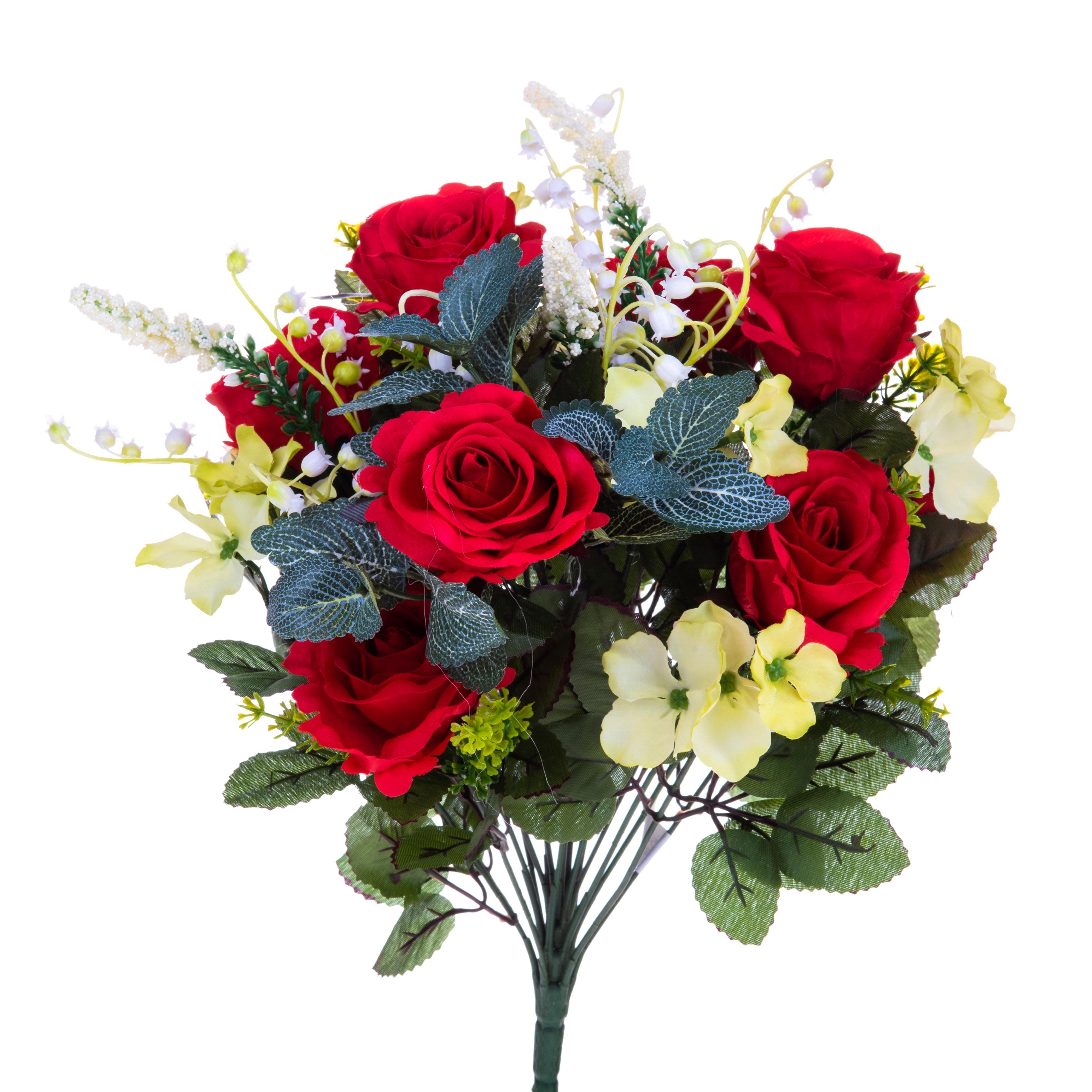 Kunstblumen, Blühende gem. Blumen, BOUQUET ROSE E MUGHETTI 43 CM