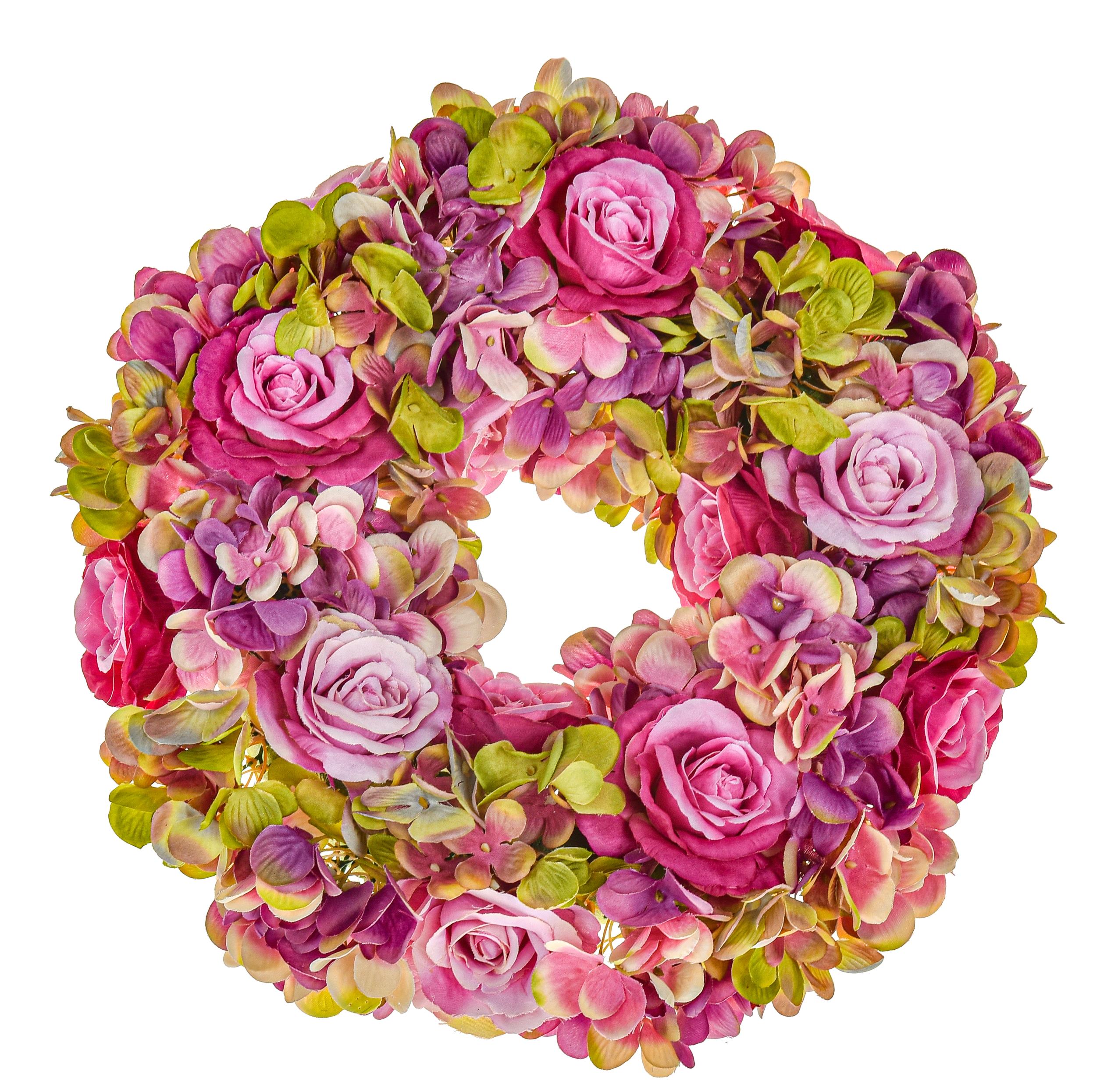 ARTIFICIAL FLOWERS, WREATH, WALL HANGER DECORED, CORONA ROSE/ORTENSIE D.30 CM