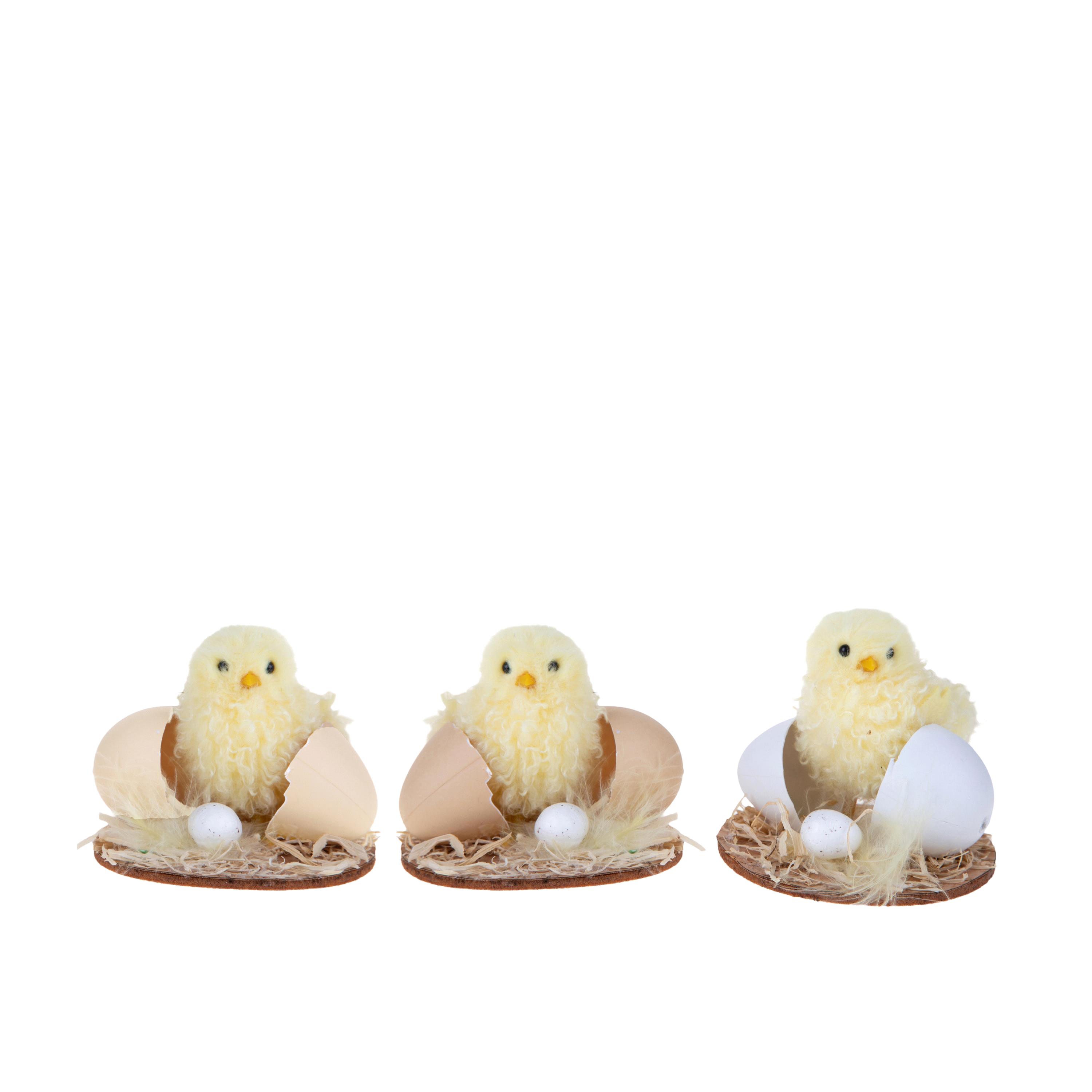 SPRING AND EASTER DECORATIONS,SET/3 PULCINI H.10 D 8CM SU BASE C/UOVO