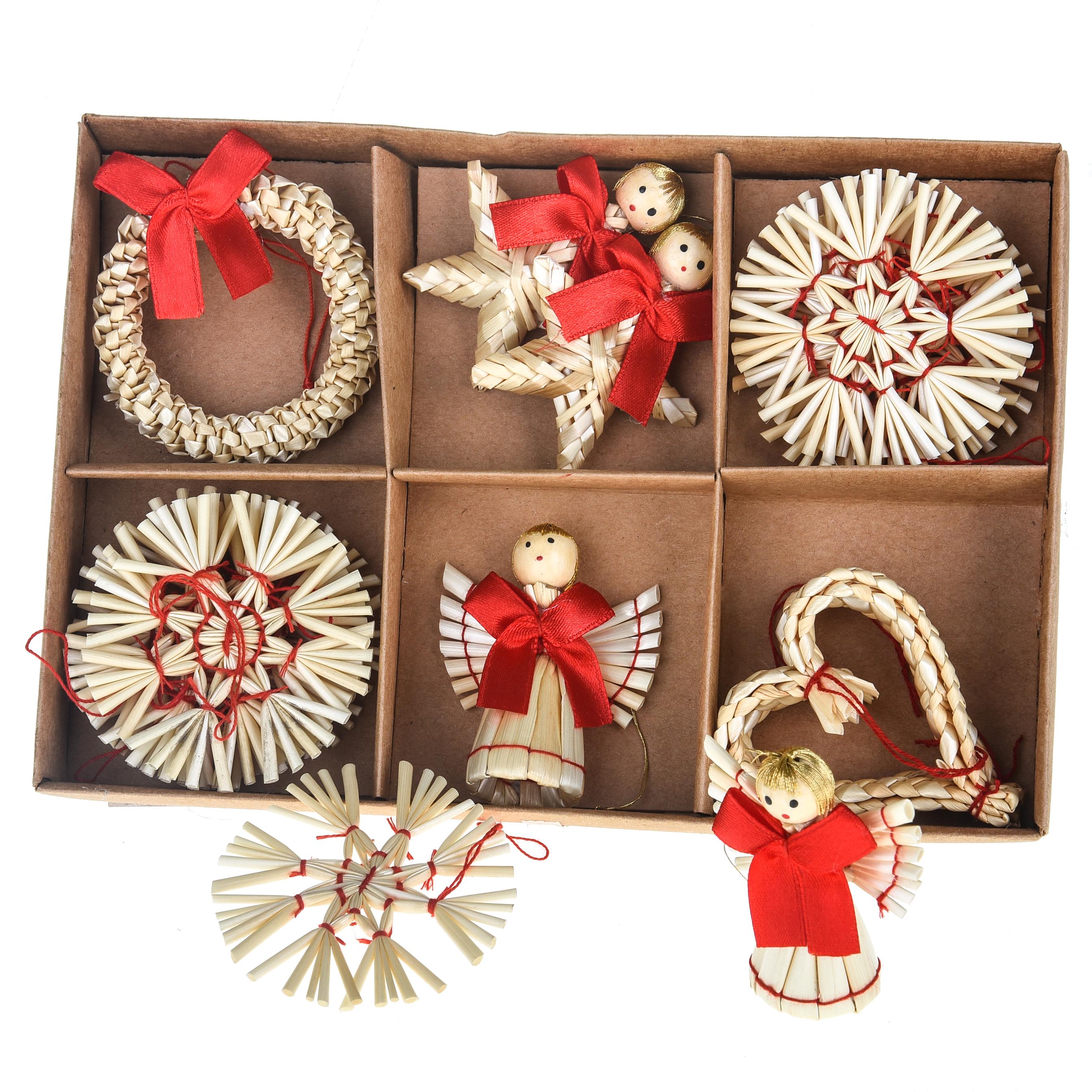 CHRISTMAS ITEMS, HANGING BALLS AND DECORATIONS IN WOOD, DECORI 18 PZ 5 CM C.A.IN PAGLIA ASS.