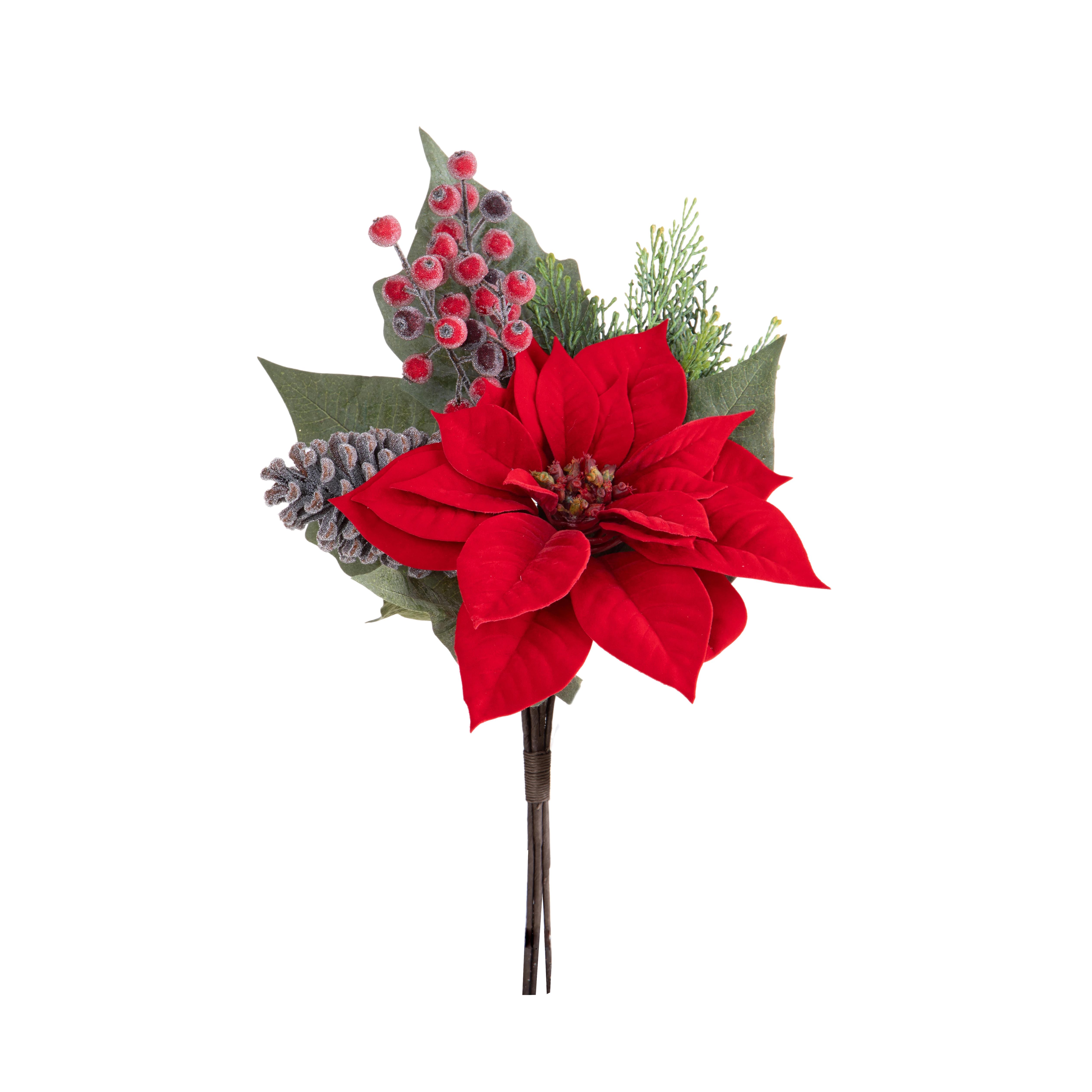 CHRISTMAS ITEMS, POINSETTIA, MAZZO STELLA 50 CM C/BACCHE E PIGNA