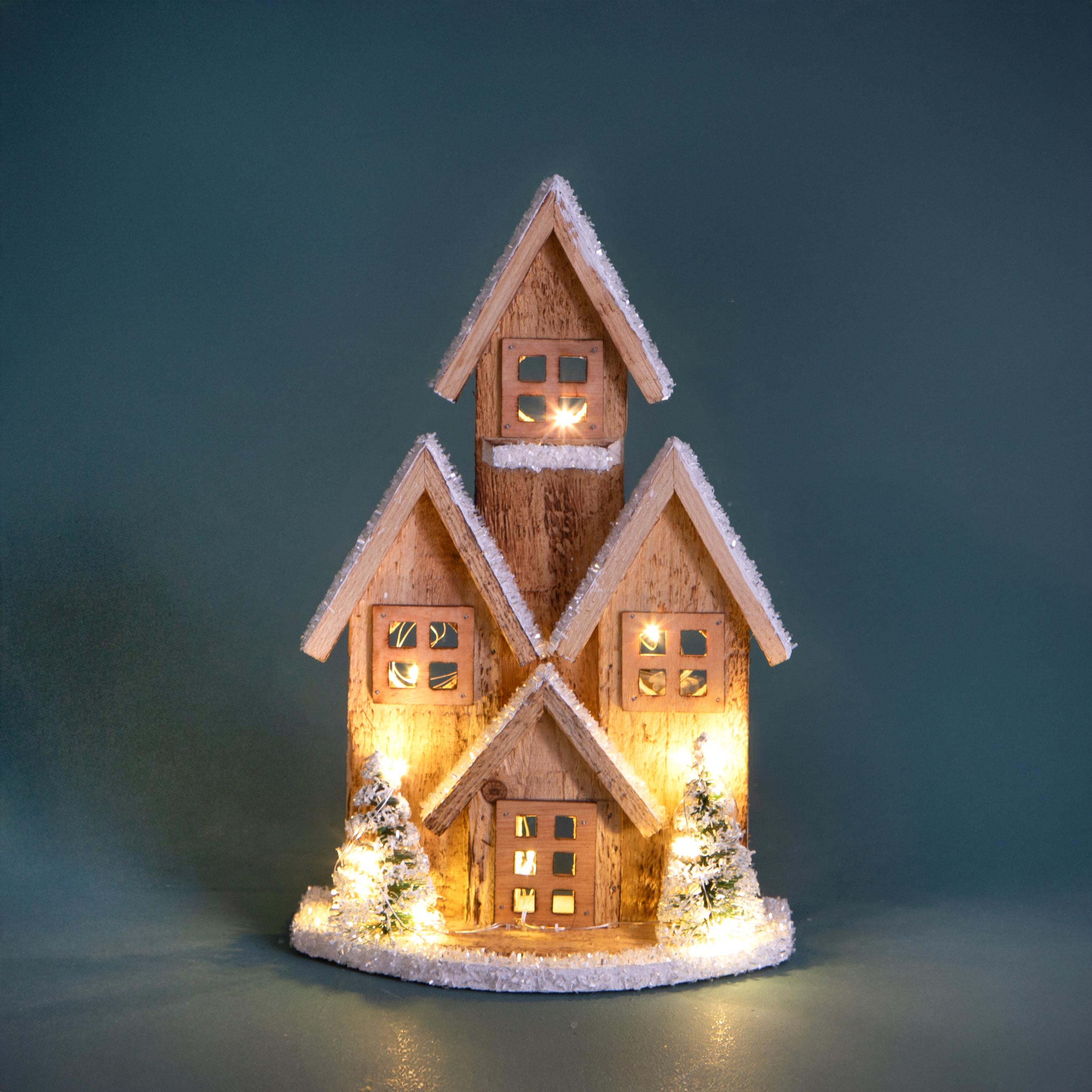 CHRISTMAS ITEMS, SUBJECTS, LANDSCAPES, WOOD AND WOVEN DECORATIONS, CASETTA 30 CM C/15 LED